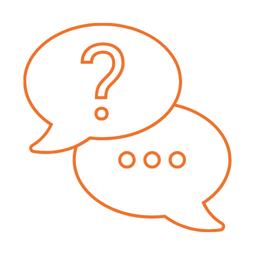 Une bulle orange avec un point d'interrogation et une autre bulle orange avec trois petits points pour illustrer la foire aux questions