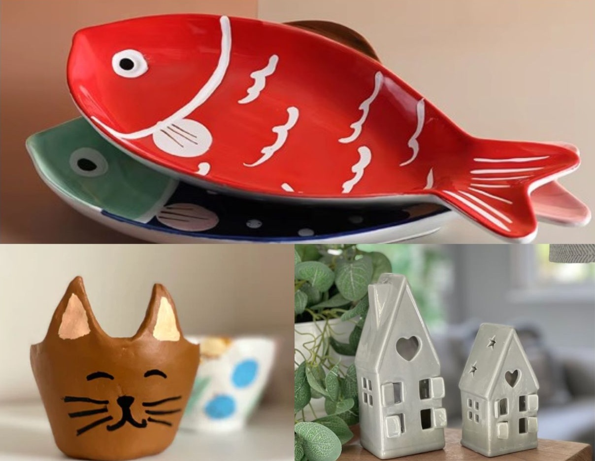 Des oeuvres en céramique représentant des poissons, un chat et des maisons, faites lors d'un stage par des enfants